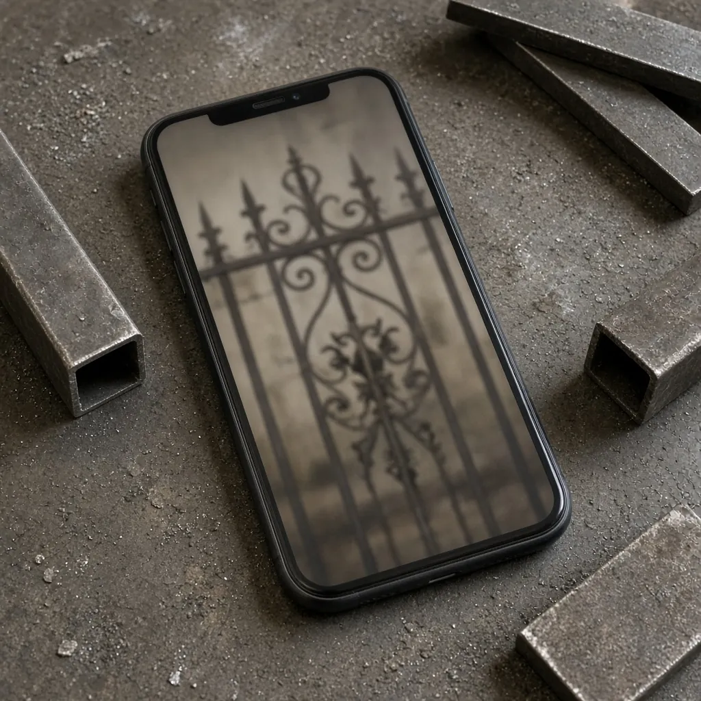 Celular sobre a bancada mostrando a foto borrada de um portão antigo, com tubos ao redor. Imagem ilustrativa