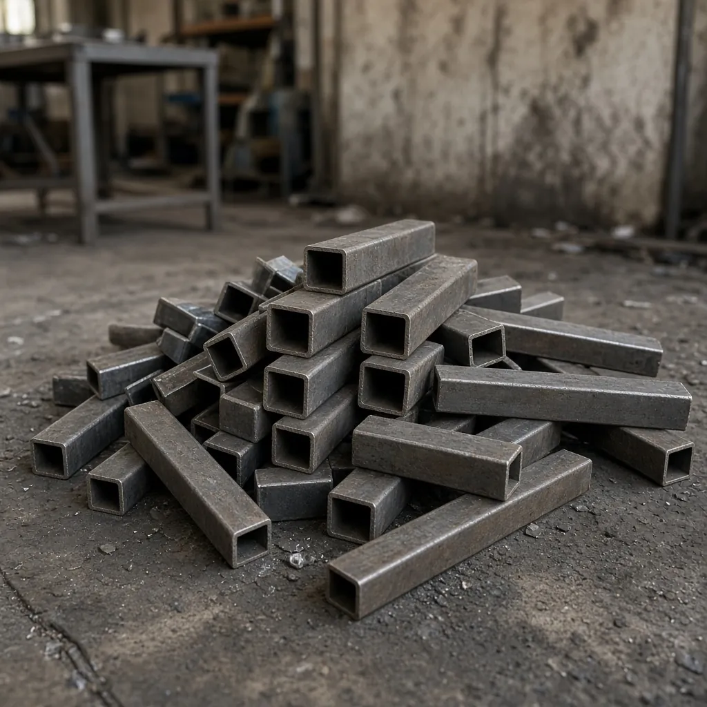 Pilha de sobras de tubo de metalon no chão da oficina. Imagem ilustrativa