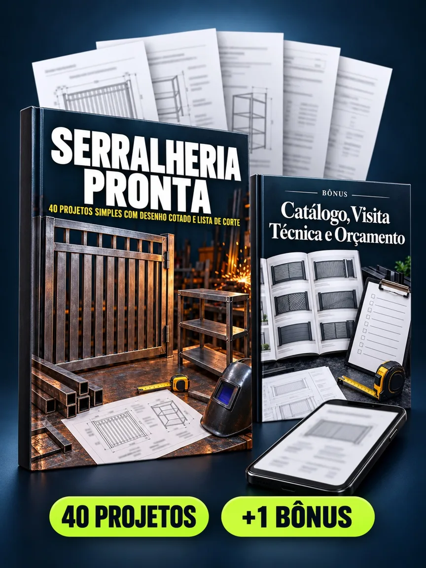 Montagem ilustrativa do Serralheria Pronta: livro com a capa, páginas do material e celular e capas dos bônus
