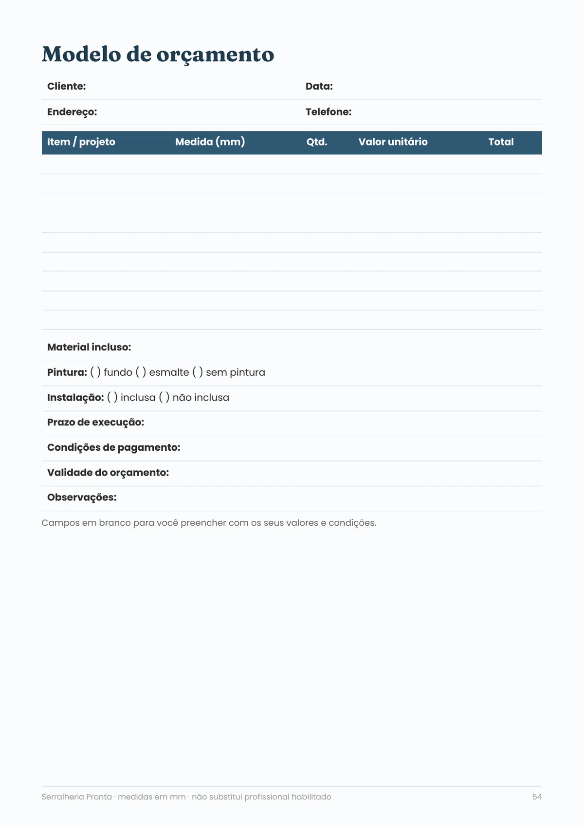 Página real do PDF Serralheria Pronta: modelo de orçamento